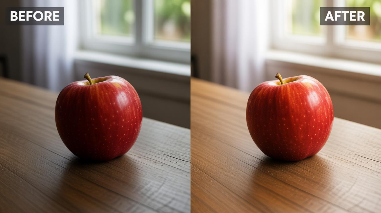 Side-by-side images of a red apple on a wooden table, labeled Before and After. The After image appears brighter and warmer, with enhanced lighting and colors compared to the Before image.