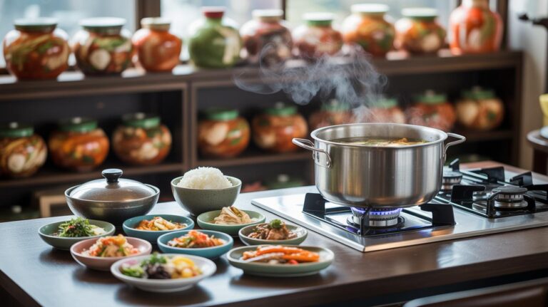 A steaming pot cooks on a gas stove surrounded by various colorful side dishes and a bowl of rice, set on a table in a cozy kitchen with shelves lined with jars of preserved vegetables.