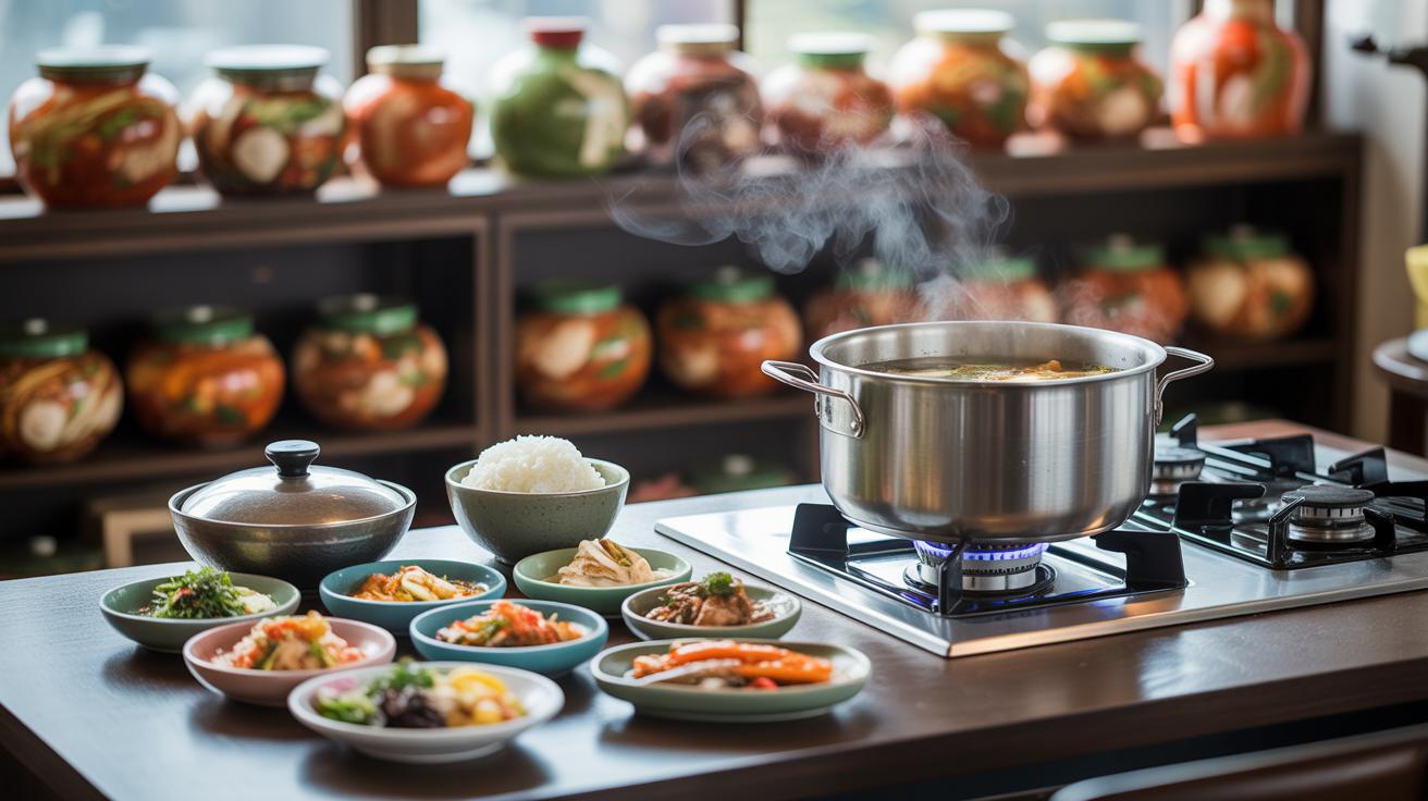 A steaming pot cooks on a gas stove surrounded by various colorful side dishes and a bowl of rice, set on a table in a cozy kitchen with shelves lined with jars of preserved vegetables.