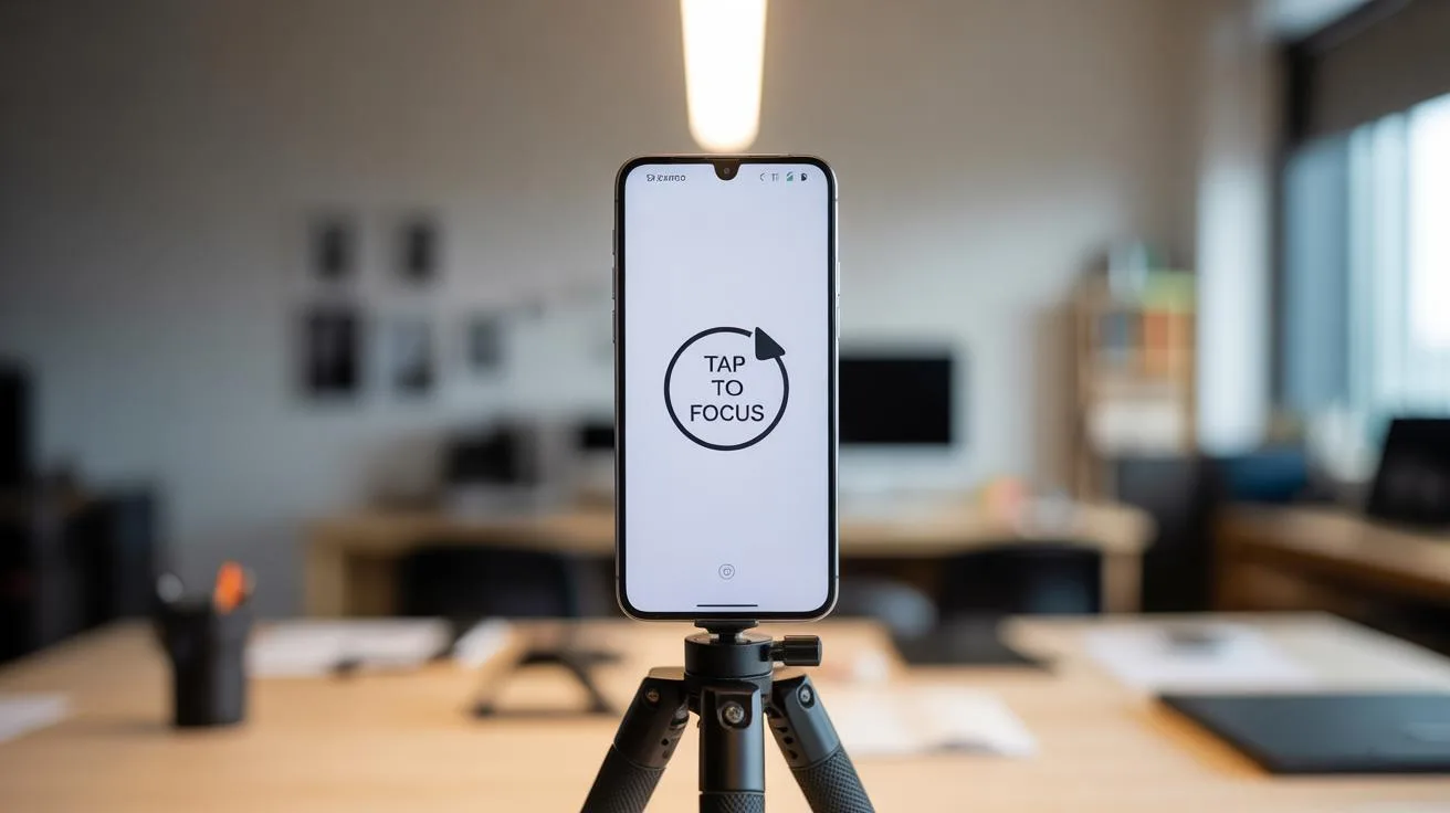 A smartphone on a tripod displays a white screen with a Tap to Focus icon in a modern, blurred office setting with desks, chairs, and computers in the background.