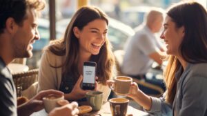 Three friends sit at a cafe table, smiling and laughing over coffee. One woman holds up a phone displaying the words HAPPY TIMES as they enjoy their drinks and snacks together in a warm, sunlit setting.