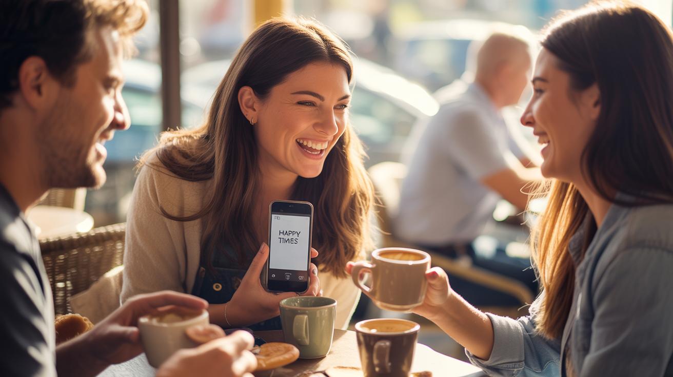 Three friends sit at a cafe table, smiling and laughing over coffee. One woman holds up a phone displaying the words HAPPY TIMES as they enjoy their drinks and snacks together in a warm, sunlit setting.