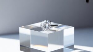 A silver ring with a large, round, faceted diamond is displayed on a clear, glass-like rectangular block, with soft lighting creating subtle reflections and shadows on the surface.