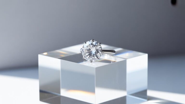 A silver ring with a large, round, faceted diamond is displayed on a clear, glass-like rectangular block, with soft lighting creating subtle reflections and shadows on the surface.