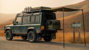 A green off-road vehicle with camping gear, awning, and rooftop storage is parked on a gravel road beside a “Viewpoint” sign, overlooking golden grassy hills in the background.