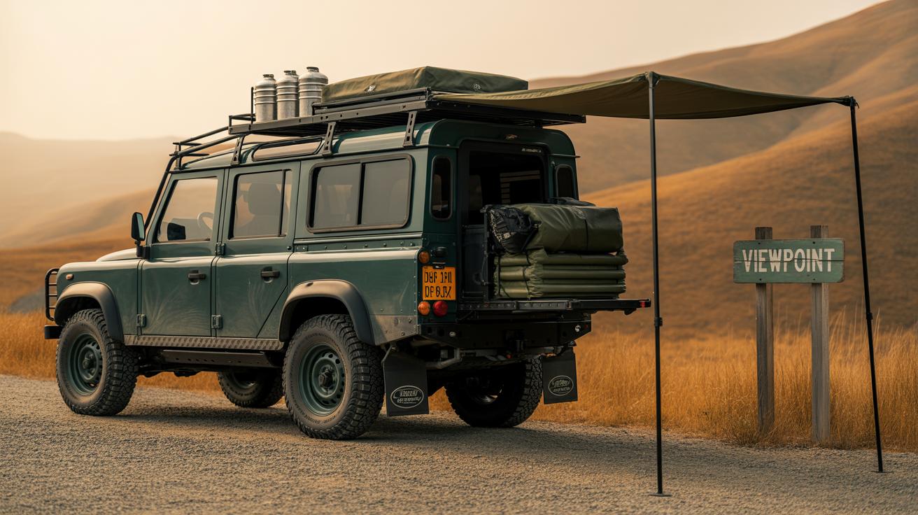 A green off-road vehicle with camping gear, awning, and rooftop storage is parked on a gravel road beside a “Viewpoint” sign, overlooking golden grassy hills in the background.