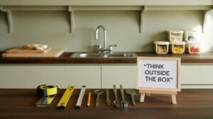 A kitchen counter with various tools—including a tape measure, ruler, pencil, and utensils—lined up, and a small sign on an easel displaying the phrase THINK OUTSIDE THE BOX.