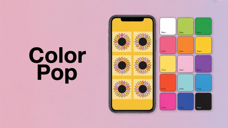 A smartphone displays six sunflowers on a yellow background, surrounded by colorful square swatches labeled with names, on a pink gradient background with the words Color Pop in bold black text.