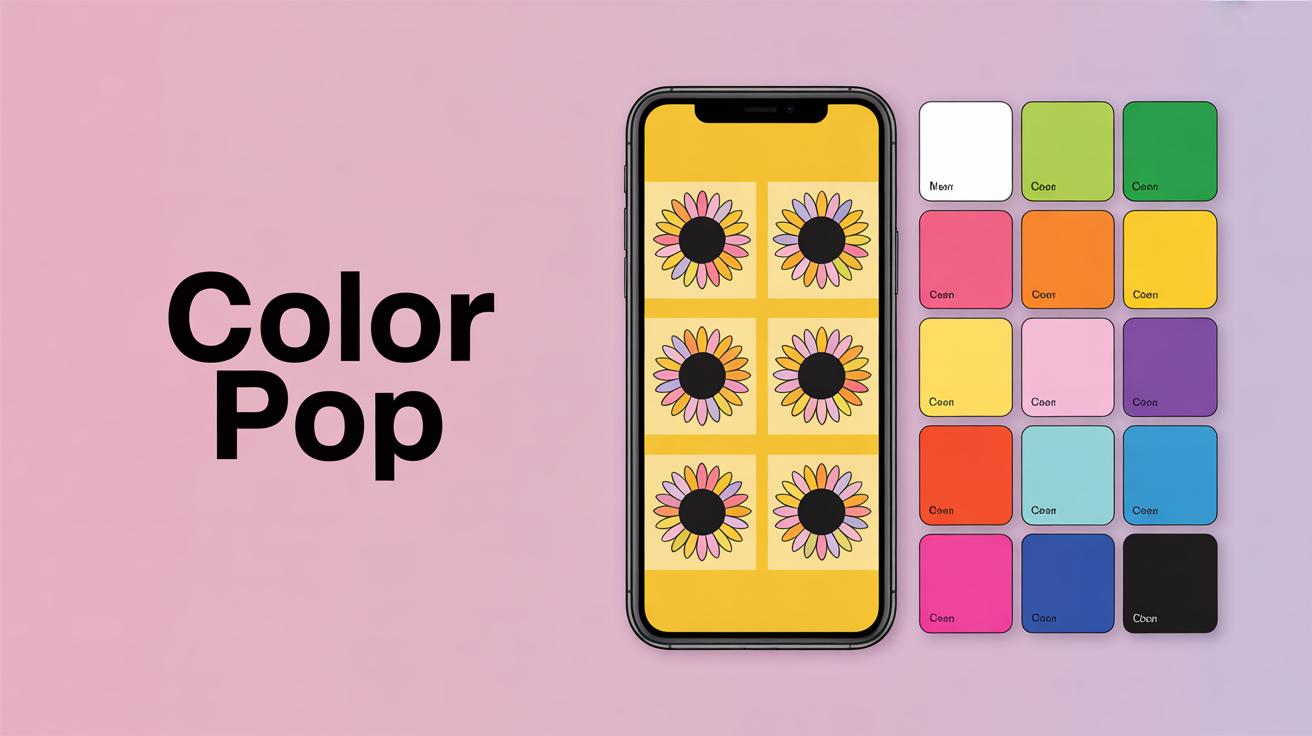 A smartphone displays six sunflowers on a yellow background, surrounded by colorful square swatches labeled with names, on a pink gradient background with the words Color Pop in bold black text.