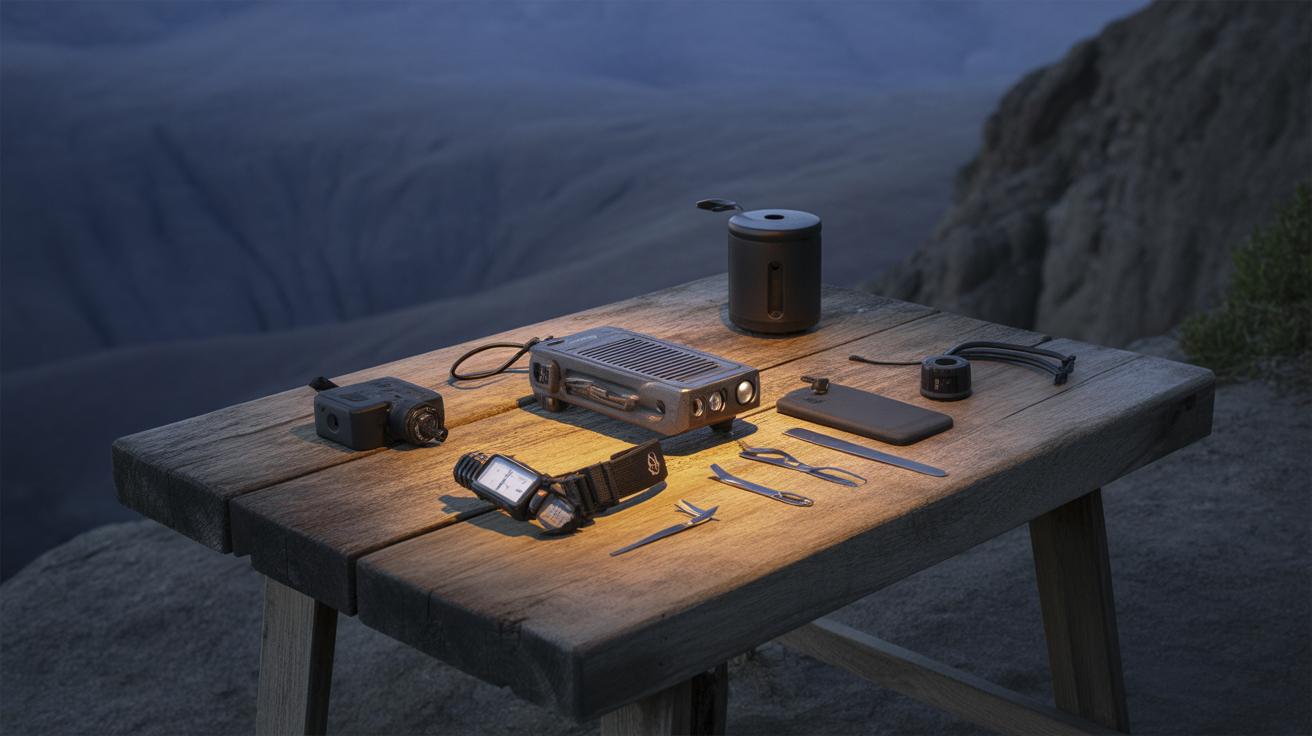 A wooden table outdoors on a mountain, holding various camping and tech gear, including portable devices, a flashlight, tools, and a speaker, all illuminated by warm light at dusk.