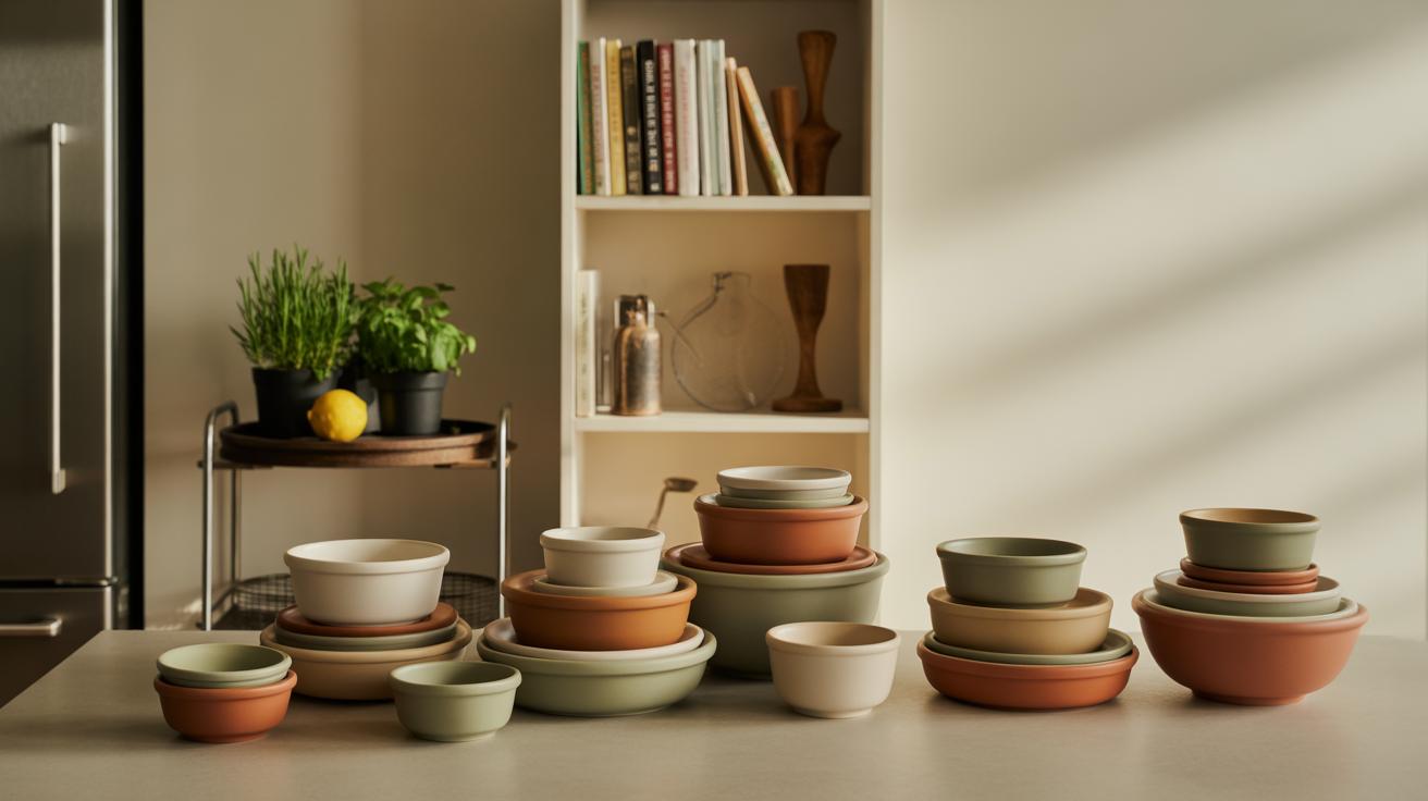 A kitchen countertop displays neatly stacked ceramic bowls and plates in earthy tones, with potted herbs and a lemon on a cart nearby and a shelf holding books and decorative items in the background.