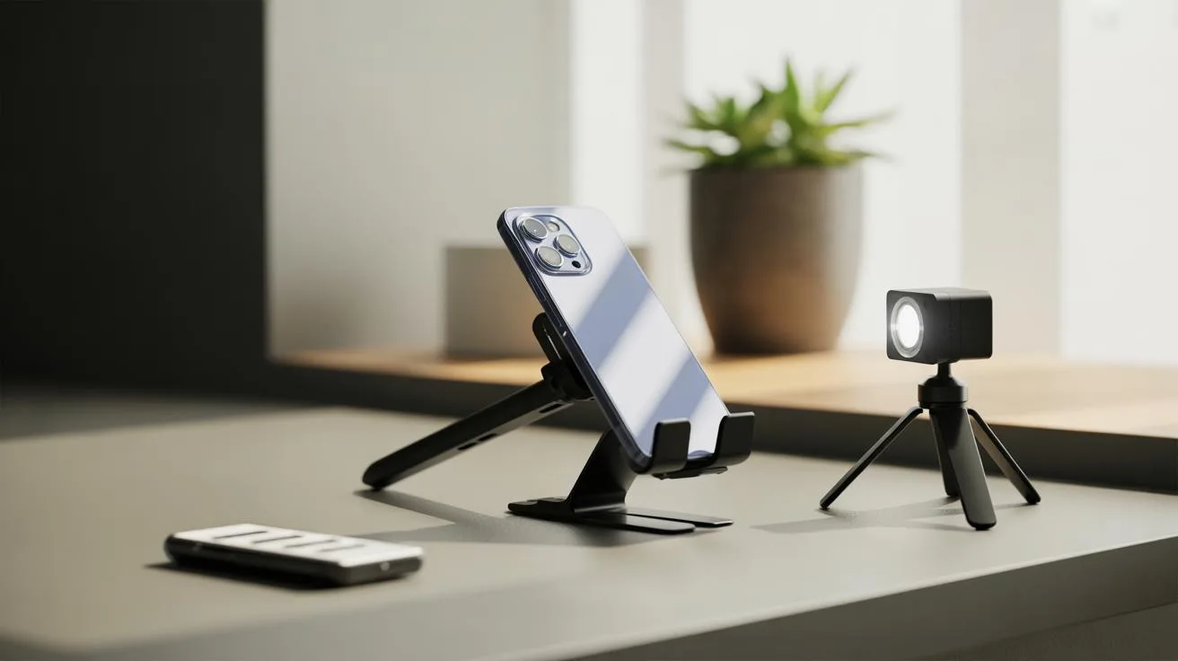 A smartphone on a stand, a small portable light on a mini tripod, and a remote control are arranged on a desk with a potted plant in the background.