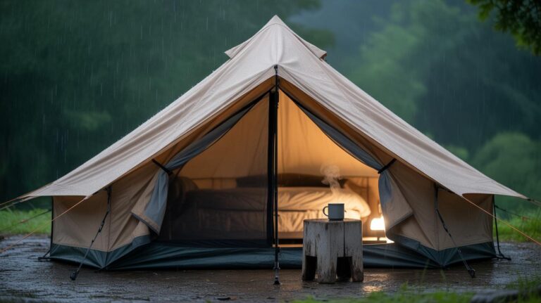 A beige canvas tent stands open in the rain, revealing a cozy bed and a glowing lantern inside. A steaming mug sits on a wooden stump in front of the tent, surrounded by lush greenery.