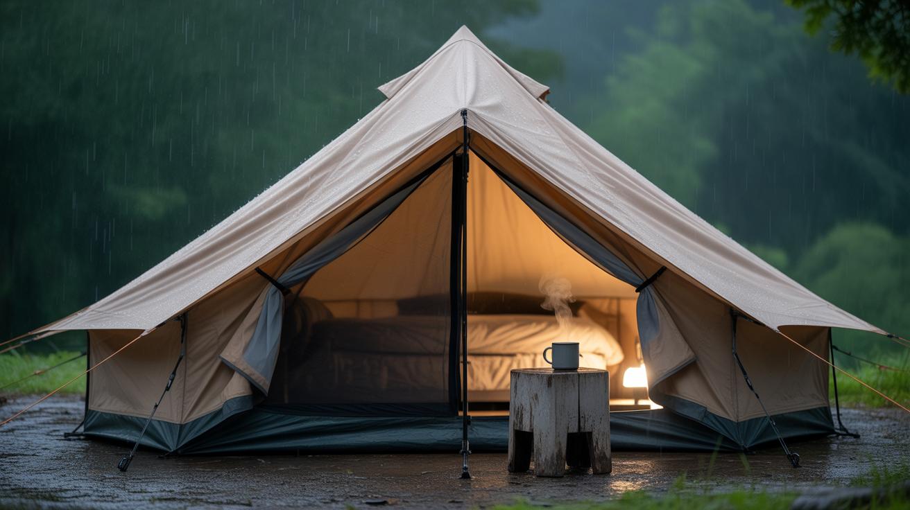 A beige canvas tent stands open in the rain, revealing a cozy bed and a glowing lantern inside. A steaming mug sits on a wooden stump in front of the tent, surrounded by lush greenery.