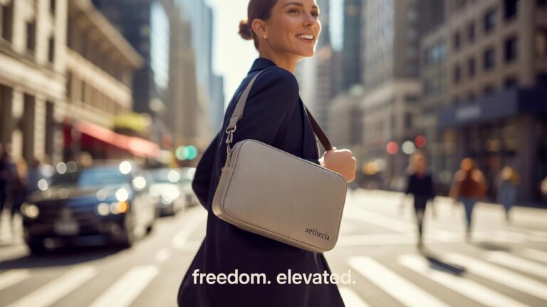 A woman in a blazer smiles while crossing a city street, carrying a beige handbag labeled aetheria. Sunlight filters through tall buildings. Text at the bottom reads, freedom. elevated.