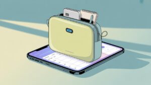 A small yellow zippered pouch sits open on top of a smartphone displaying a calendar. Items like a notepad, pen, and a memory card stick out of the pouch. The scene is brightly lit with soft shadows.