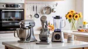A modern kitchen with a stand mixer, an espresso machine, and a blender on a white countertop. In the background, sunflowers, a mug, and kitchen utensils add a cozy touch.
