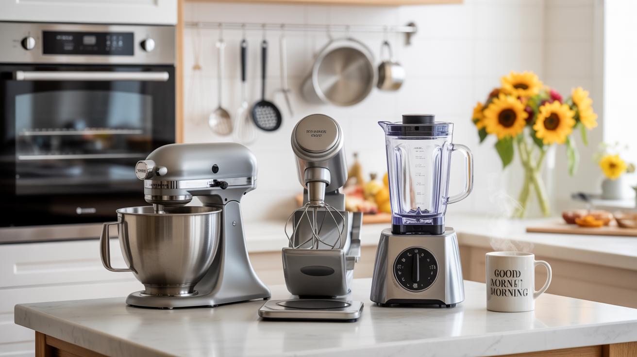 A modern kitchen with a stand mixer, an espresso machine, and a blender on a white countertop. In the background, sunflowers, a mug, and kitchen utensils add a cozy touch.