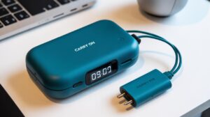 A teal portable device labeled CARRY ON sits on a desk, displaying 05:00 on a digital screen, with a matching teal plug connected by a cable; part of a laptop and cup are visible nearby.