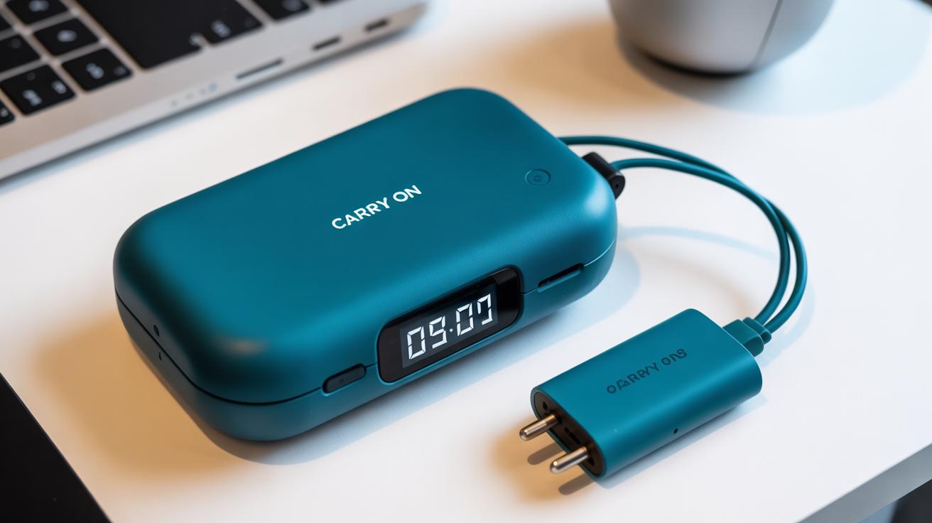 A teal portable device labeled CARRY ON sits on a desk, displaying 05:00 on a digital screen, with a matching teal plug connected by a cable; part of a laptop and cup are visible nearby.