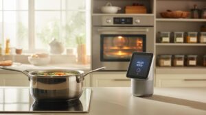 A modern kitchen with a pot boiling on the stove and a smart display on the counter showing recipe ready. An oven is in the background, and shelves with jars and kitchen items line the back wall.