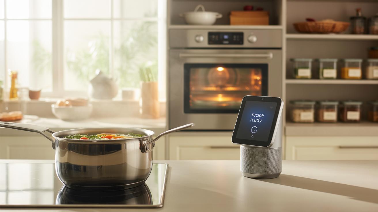 A modern kitchen with a pot boiling on the stove and a smart display on the counter showing recipe ready. An oven is in the background, and shelves with jars and kitchen items line the back wall.