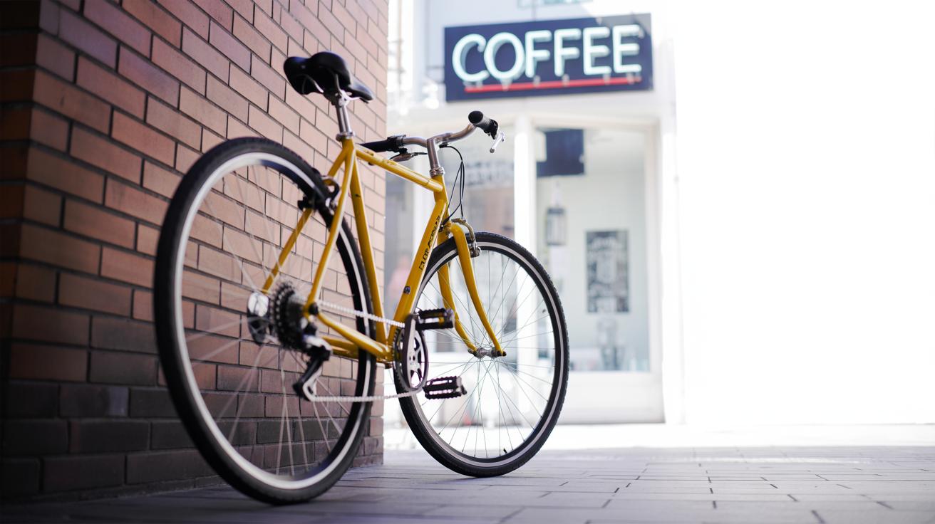 A yellow bicycle is parked on a sidewalk next to a brick wall in front of a white building with a large COFFEE sign above the entrance.