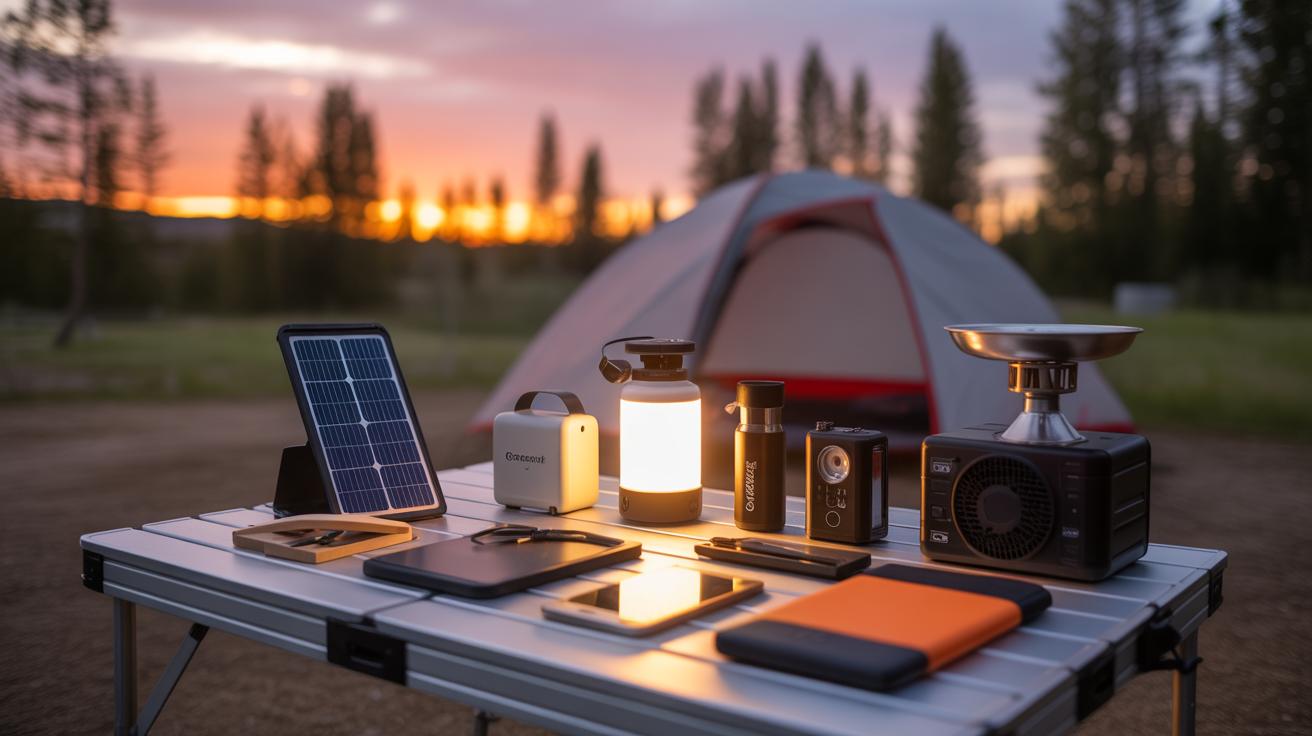 A camping table holds various gadgets, including a solar panel, lantern, radio, tablet, and other tech devices, with a tent and trees in the background at sunset.