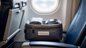 A travel pouch labeled ESSENTIALS ONLY sits on an airplane seat, with sunglasses and a folded scarf inside. The scene is by the window, and the background shows the aircraft’s interior and part of the wing outside.