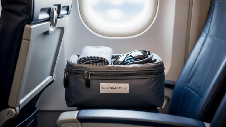 A travel pouch labeled ESSENTIALS ONLY sits on an airplane seat, with sunglasses and a folded scarf inside. The scene is by the window, and the background shows the aircraft’s interior and part of the wing outside.