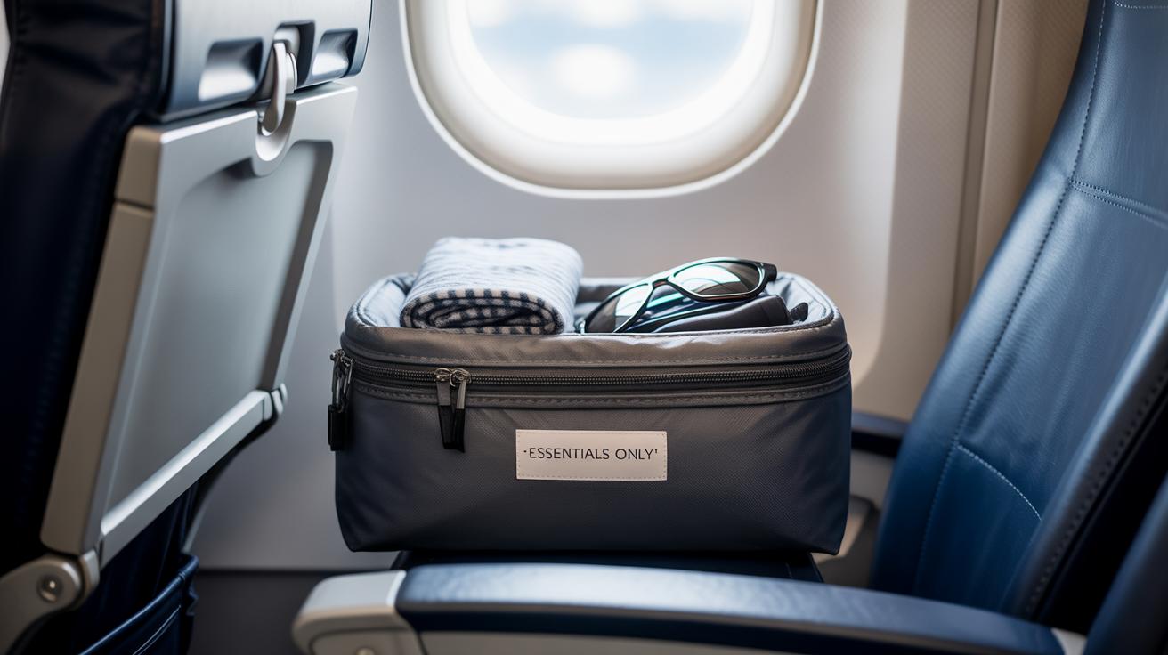 A travel pouch labeled ESSENTIALS ONLY sits on an airplane seat, with sunglasses and a folded scarf inside. The scene is by the window, and the background shows the aircraft’s interior and part of the wing outside.
