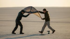 Two people struggle to hold onto a tent frame in a flat, open, desert-like landscape while tools lie on the ground nearby. The scene suggests strong wind and teamwork.