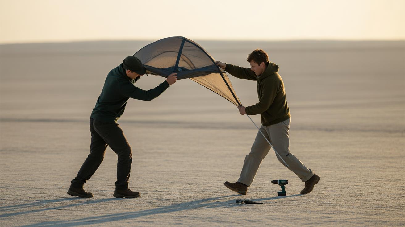 Two people struggle to hold onto a tent frame in a flat, open, desert-like landscape while tools lie on the ground nearby. The scene suggests strong wind and teamwork.