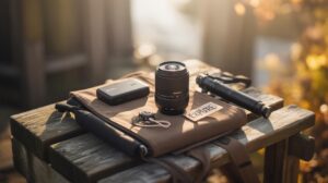 A camera lens, portable tripod, hard drive, and keychain sit atop a folded explorer bag on a rustic wooden bench outdoors in warm, natural light.