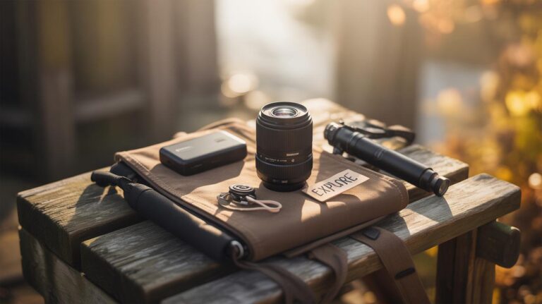 A camera lens, portable tripod, hard drive, and keychain sit atop a folded explorer bag on a rustic wooden bench outdoors in warm, natural light.