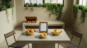 A minimalist room with potted plants on ledges, a square table with two chairs, three bowls of citrus fruits, and a digital menu on the table. A wooden box with more fruit sits on a bench in the background.
