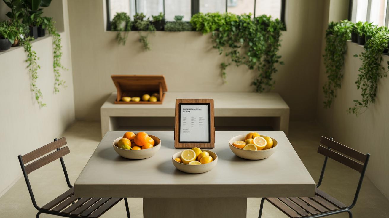 A minimalist room with potted plants on ledges, a square table with two chairs, three bowls of citrus fruits, and a digital menu on the table. A wooden box with more fruit sits on a bench in the background.