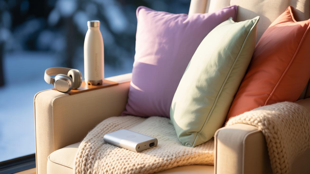 A cozy armchair with pastel-colored pillows and a knitted blanket, next to a window. On the armrest sit wireless headphones and a water bottle; a portable device rests on the blanket, bathed in warm sunlight.