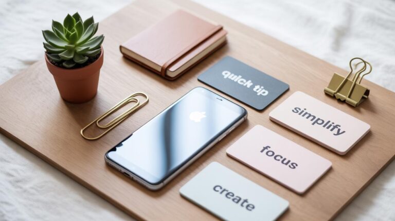 A neatly arranged desk features a potted succulent, a closed notebook, an iPhone, a large paperclip, and cards with the words quick tip, simplify, focus, and create on a wooden tray.