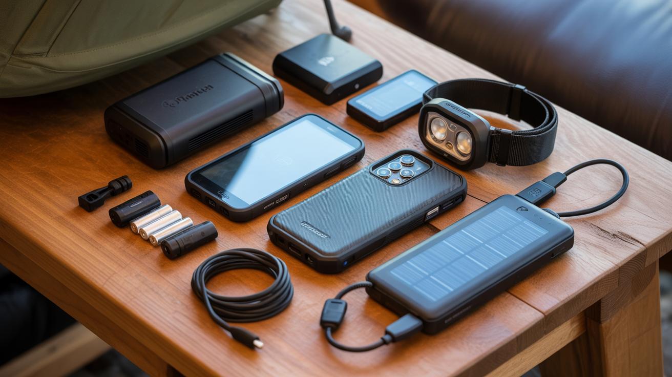A wooden table displays various electronic devices and accessories, including smartphones, a smartwatch, power banks, a headlamp, charging cables, and AA batteries arranged neatly.