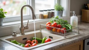 Fresh tomatoes and green peppers are being washed in a kitchen sink under running water. More vegetables are in a drying rack nearby. The countertop has jars of spices, a soap dispenser, and potted herbs by the window.