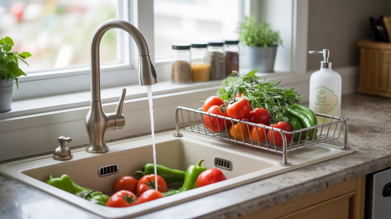 Fresh tomatoes and green peppers are being washed in a kitchen sink under running water. More vegetables are in a drying rack nearby. The countertop has jars of spices, a soap dispenser, and potted herbs by the window.