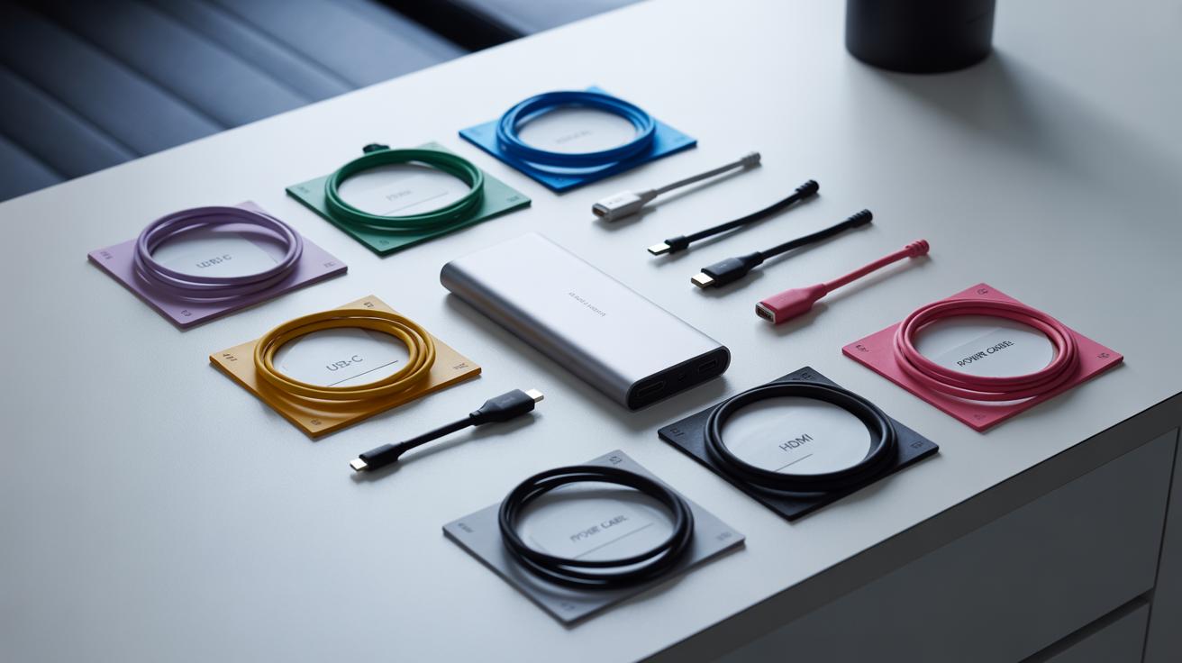 A set of colored USB, HDMI, and other cables arranged neatly around a silver portable device on a white desk, with cable labels visible and a partial view of a sofa in the background.