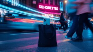 A smartphone stands upright in a black tote bag on a city street at night, with blurred pedestrians and streaking car lights. A neon sign reading SILHOUETTES glows in the background.