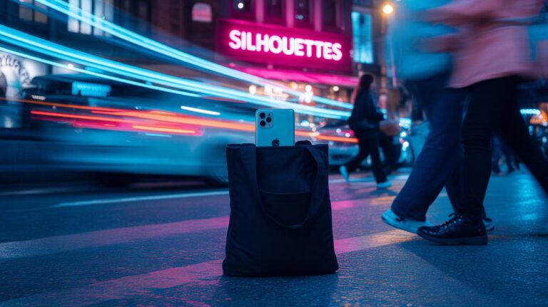 A smartphone stands upright in a black tote bag on a city street at night, with blurred pedestrians and streaking car lights. A neon sign reading SILHOUETTES glows in the background.