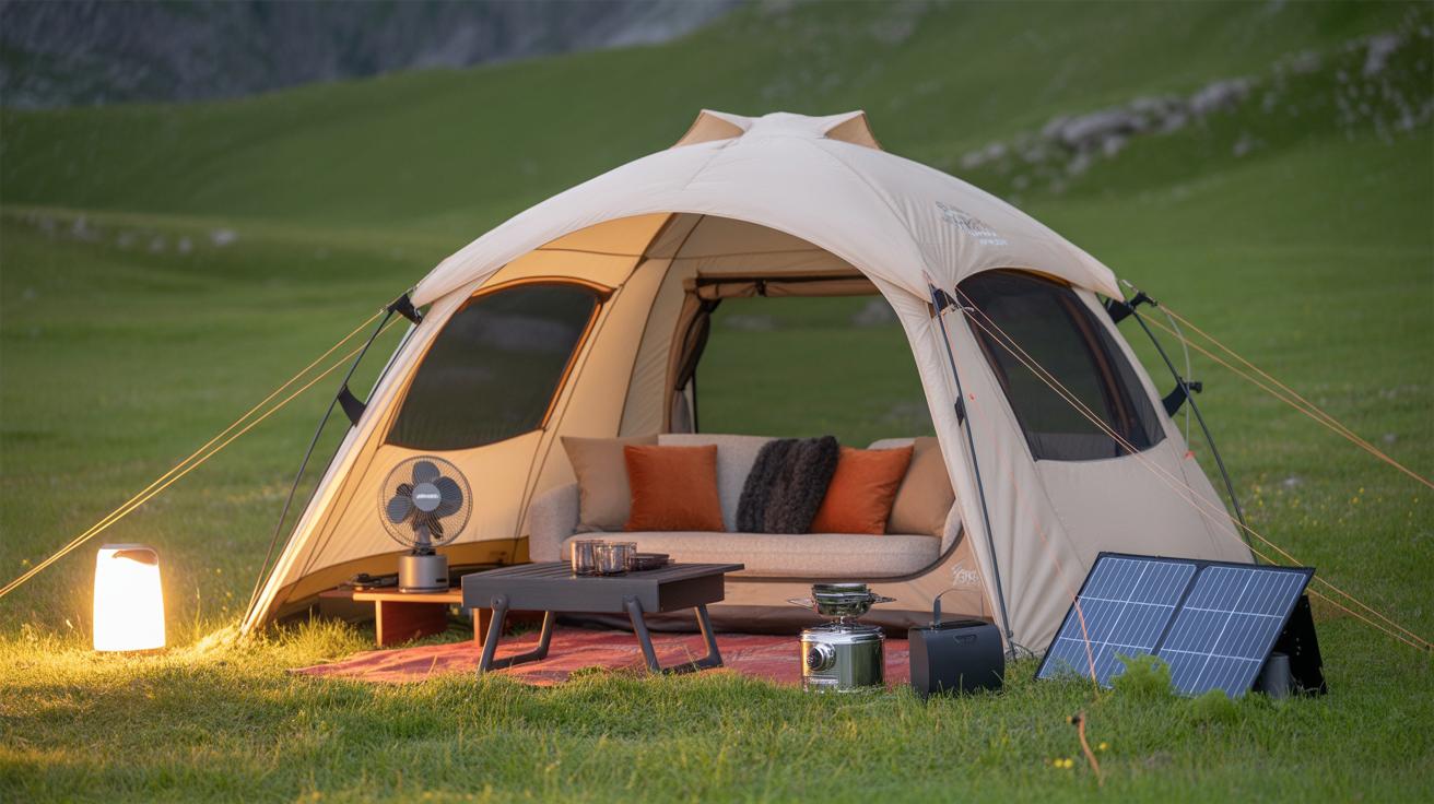 A cozy camping setup features a beige tent with a sofa, cushions, table, fan, lamp, and solar panels, set on a grassy field with gentle hills in the background.