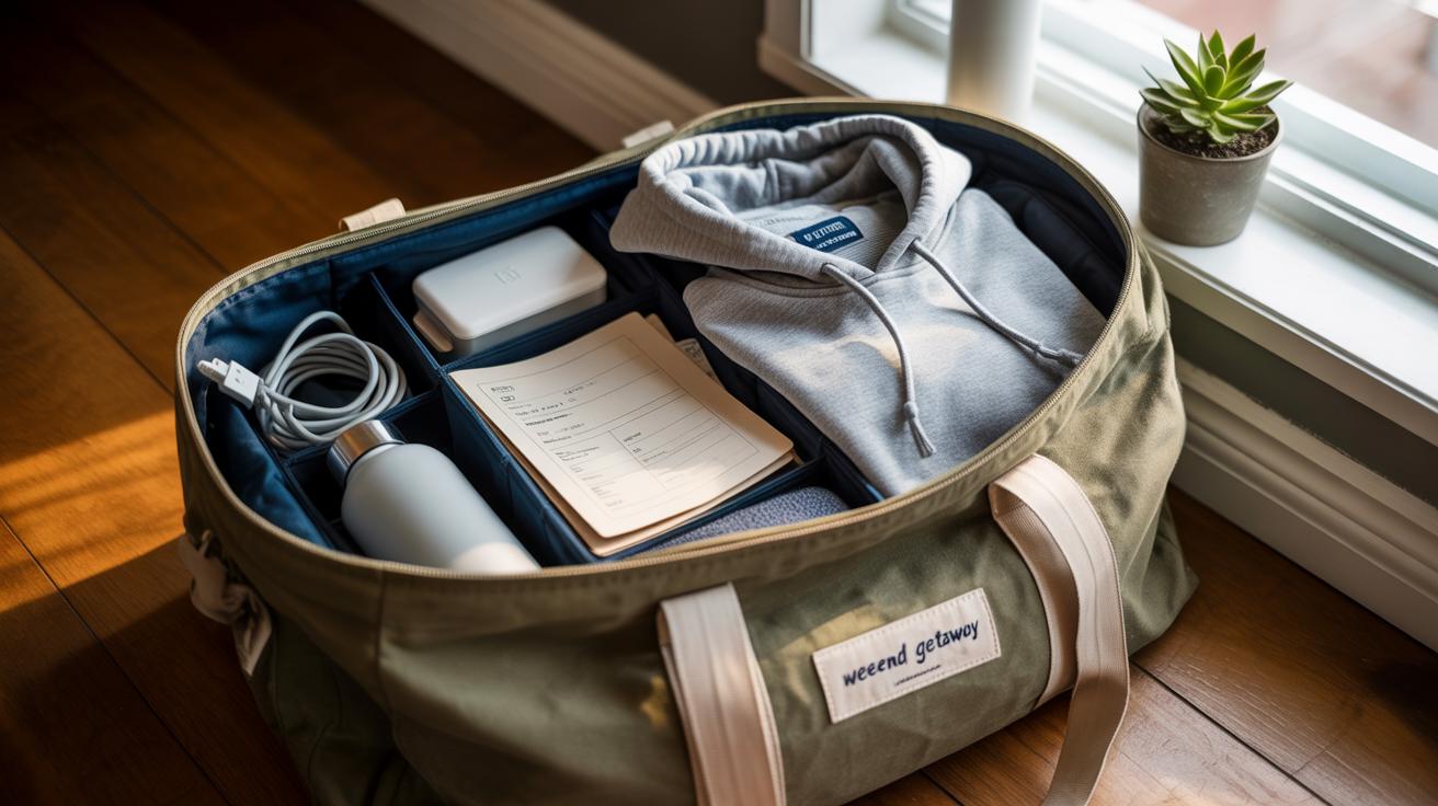 A packed duffel bag labeled weekend getaway sits on a wooden floor by a window. Inside are a gray hoodie, water bottle, charger, notepad, toiletries case, and a potted succulent nearby.