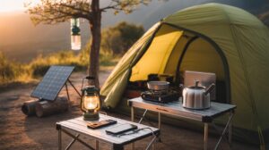 A campsite at sunset with a green tent, camping tables holding a lantern, kettle, stove, and phone, and a solar panel leaning on a log under a tree. Mountains and trees are visible in the background.