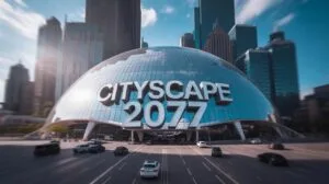 A large glass dome with CITYSCAPE 2077 in bold letters stands among modern skyscrapers; cars drive on the street in front under a blue sky.