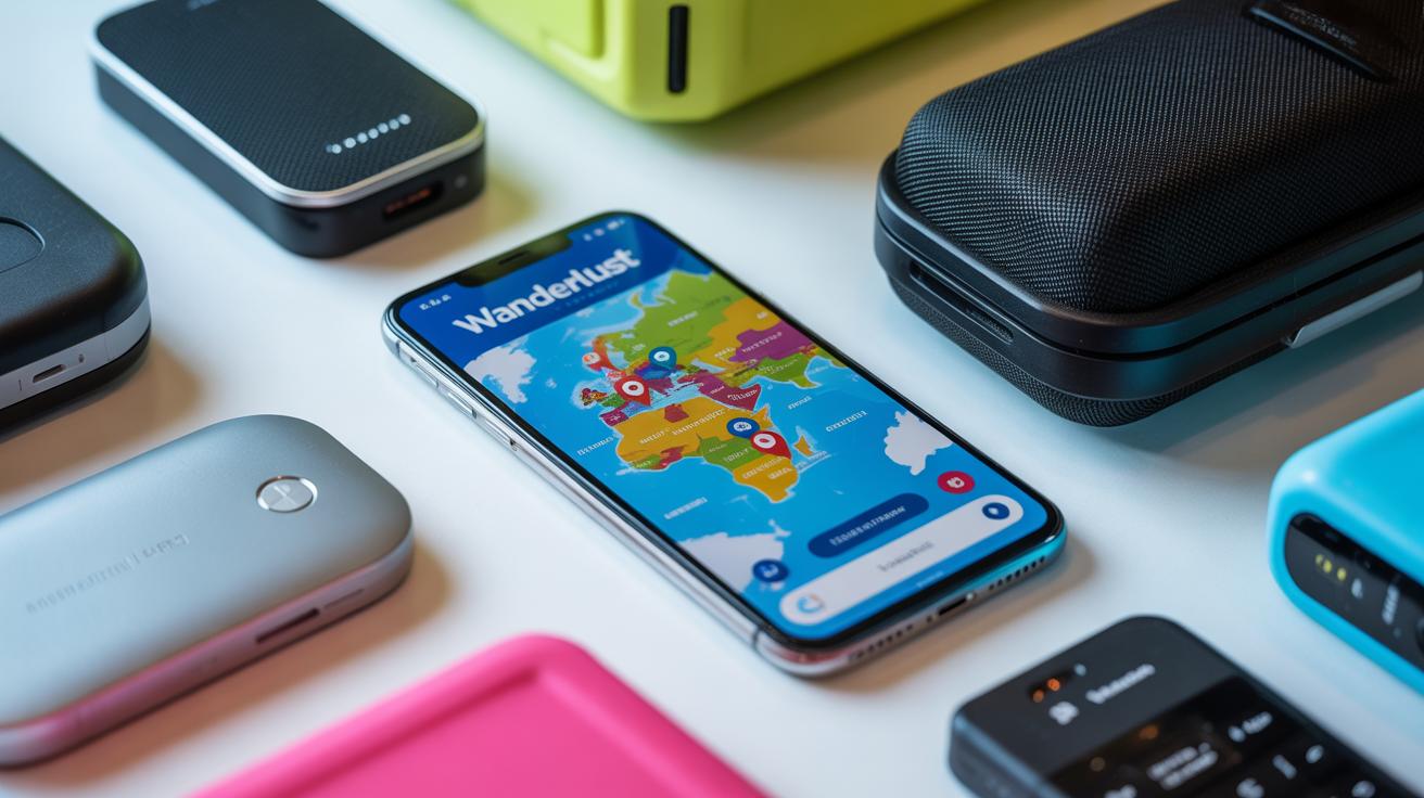 A smartphone displaying a colorful travel app map with the word Wanderlust, surrounded by various portable electronic devices and power banks on a white surface.